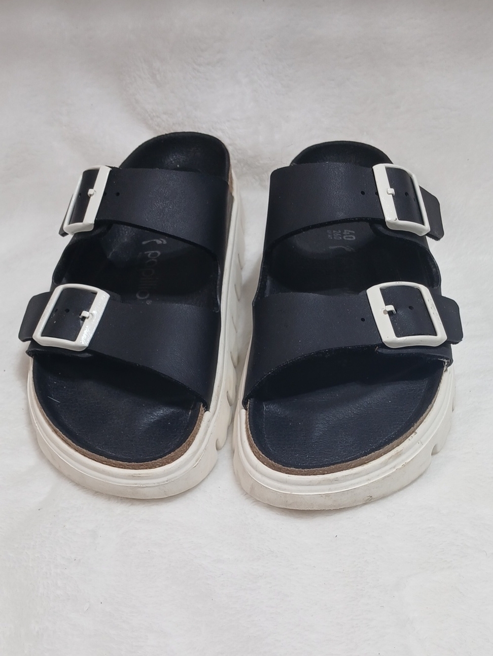 Papillio Black Slide Sandals with White Buckles Sz 40 Women